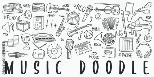 Music Tools Doodle Line Art Illustration. Hand Drawn Vector Clip Art. Banner Set Logos.
