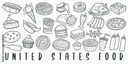 United States Food Doodle Line Art Illustration. Hand Drawn Vector Clip Art. Banner Set Logos.