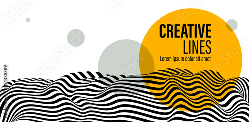 Abstract vector 3D lines with yellow circle background, black and white curves linear perspective dimensional terrain optical pattern.
