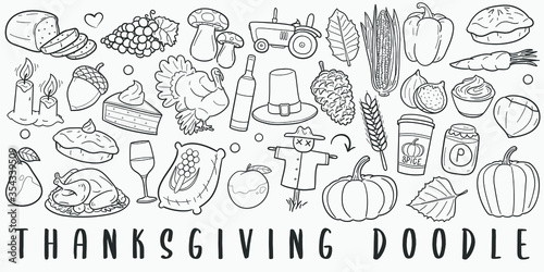 Thanksgiving Autumn Doodle Line Art Illustration. Hand Drawn Vector Clip Art. Banner Set Logos.