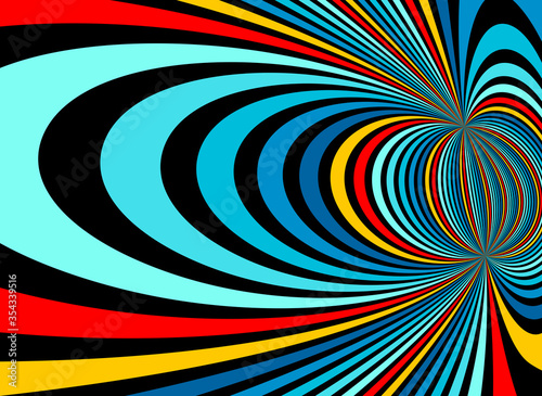 Psychedelic rainbow colored optical illusion lines vector insane art background, LSD hallucination delirium, surreal op art linear curves in hyper 3D perspective, hypnotic design.