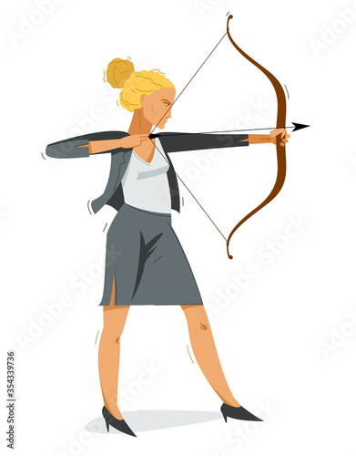 Business woman shooting a bow vector illustration, ambitions career and goal concept, achievement businesswoman motivated for success.