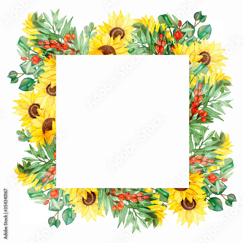 Watercolor hand painted nature squared border frame with yellow sunflower, orange sea buckthorn berry and green eucalyptus leaves on branch bouquet for invite and greeting card with the space for texx photo