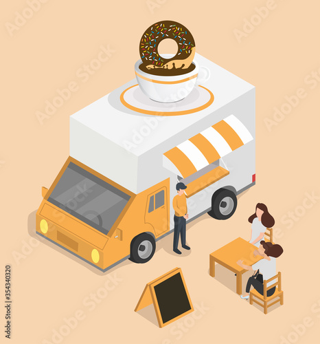 Black coffee cup with donut van isometric concept