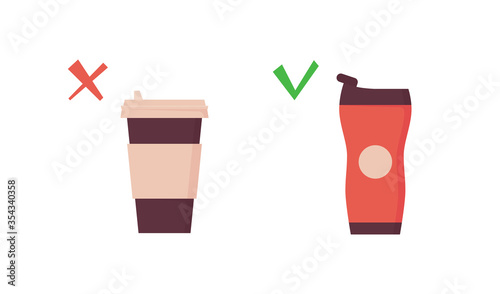 Reusable tumbler vs disposable cup. Takeaway coffee mug on zero waste poster. Vector illustration in flat style on white background.