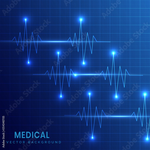 Medical background of heart beats on grid dark blue background.