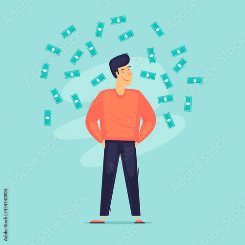 Successful businessman, a man around a lot of money. Self-confident. Flat design vector illustration.