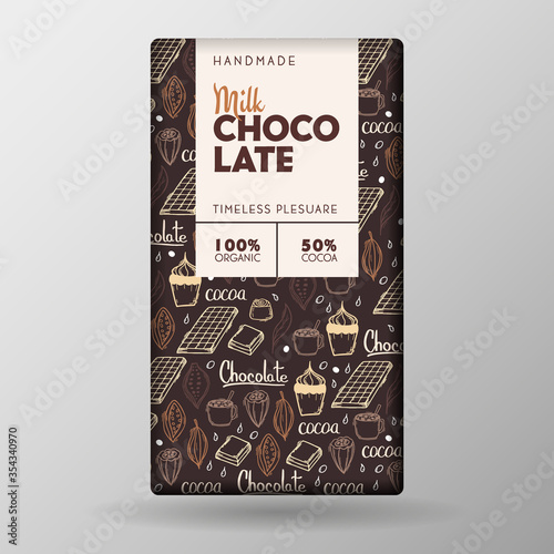 Milk Chocolate Bar Package Design With hand draw doodle background. Vector template.