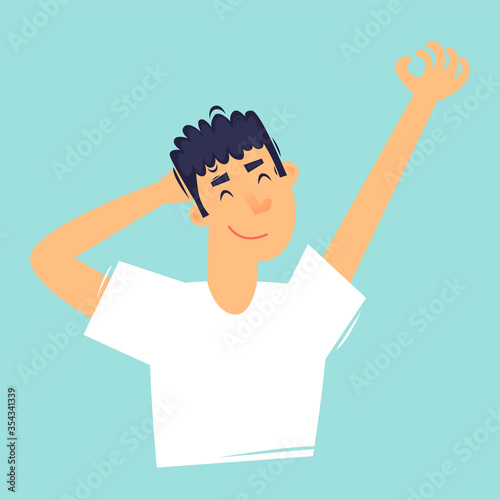 Morning, man wakes up, daily routine. Flat design vector illustration.