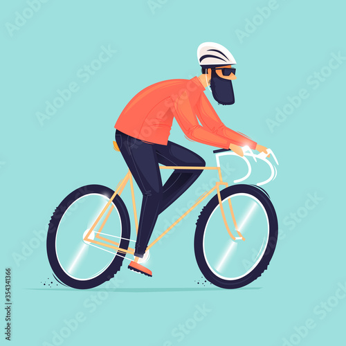 Graveled a bicycle, a man rides a bicycle. Flat design vector illustration.	