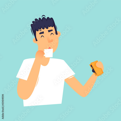 Morning, the man has breakfast, the daily routine. Flat design vector illustration.