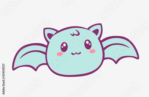 Kawaii bat cartoon. Enthusiastic funny little blue bat with wings and red blush anime style charming fantasy manga cute vector art magic creative fairy tale design.