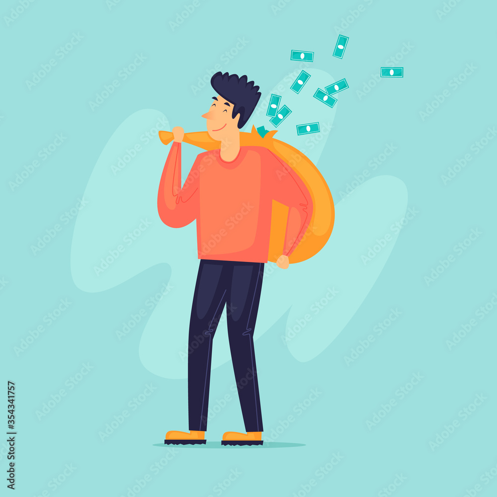 Successful businessman, a man carries money in a bag. Flat design vector illustration. Successful businessman, a man carries money in a bag. Flat design vector illustration.