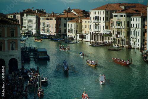 Historical Regatta on Grand Canal. Day view of the Grand Canal and the historic regatta in Venice, Italy. © Anna