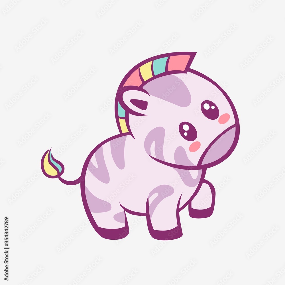Naklejka premium Zebra kawaii cartoon. Smiling funny little zebra with rainbow mane and touched anime style charming fantasy manga cute vector art magic creative fairy tale design.