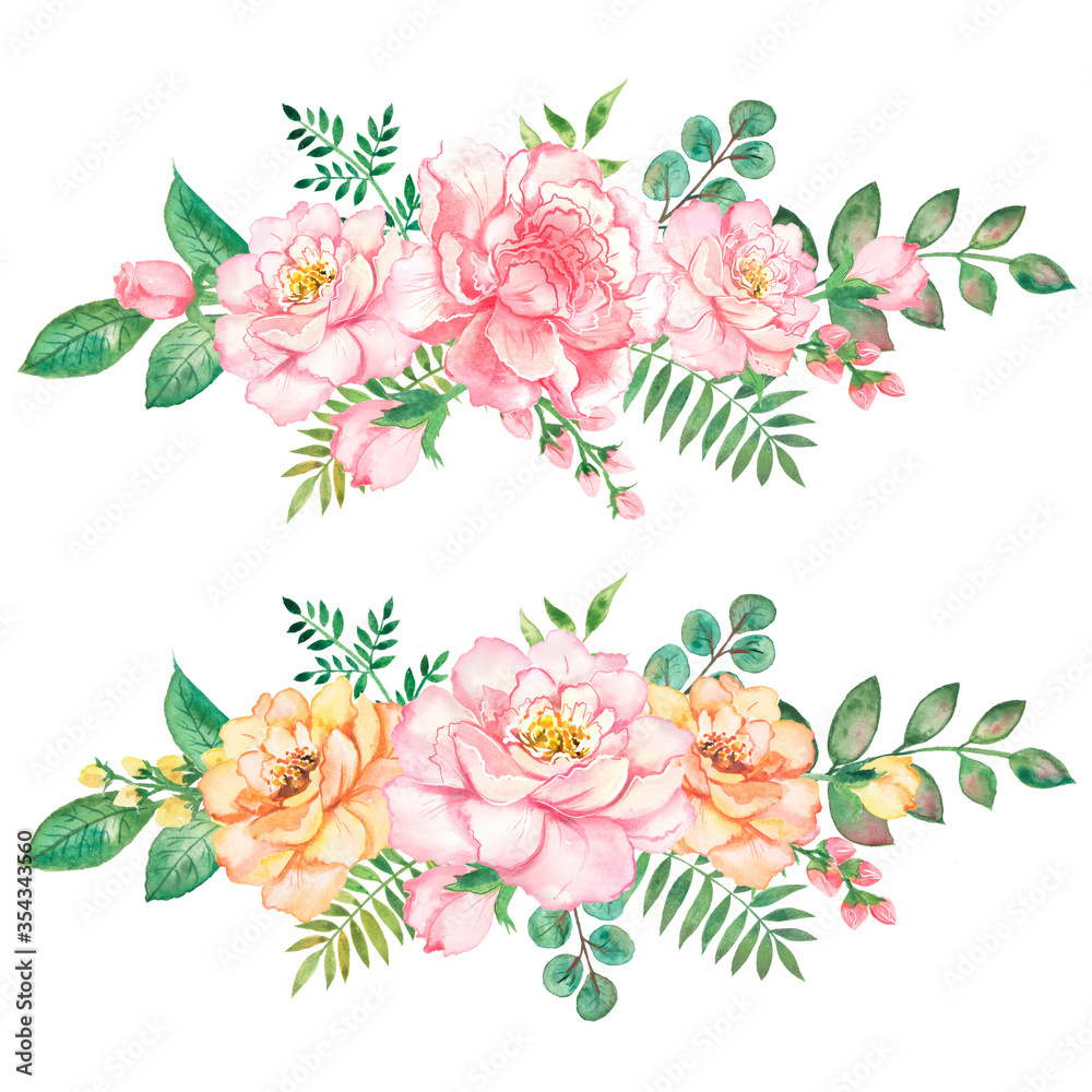 Watercolor floral composition with delicate roses for greeting cards.