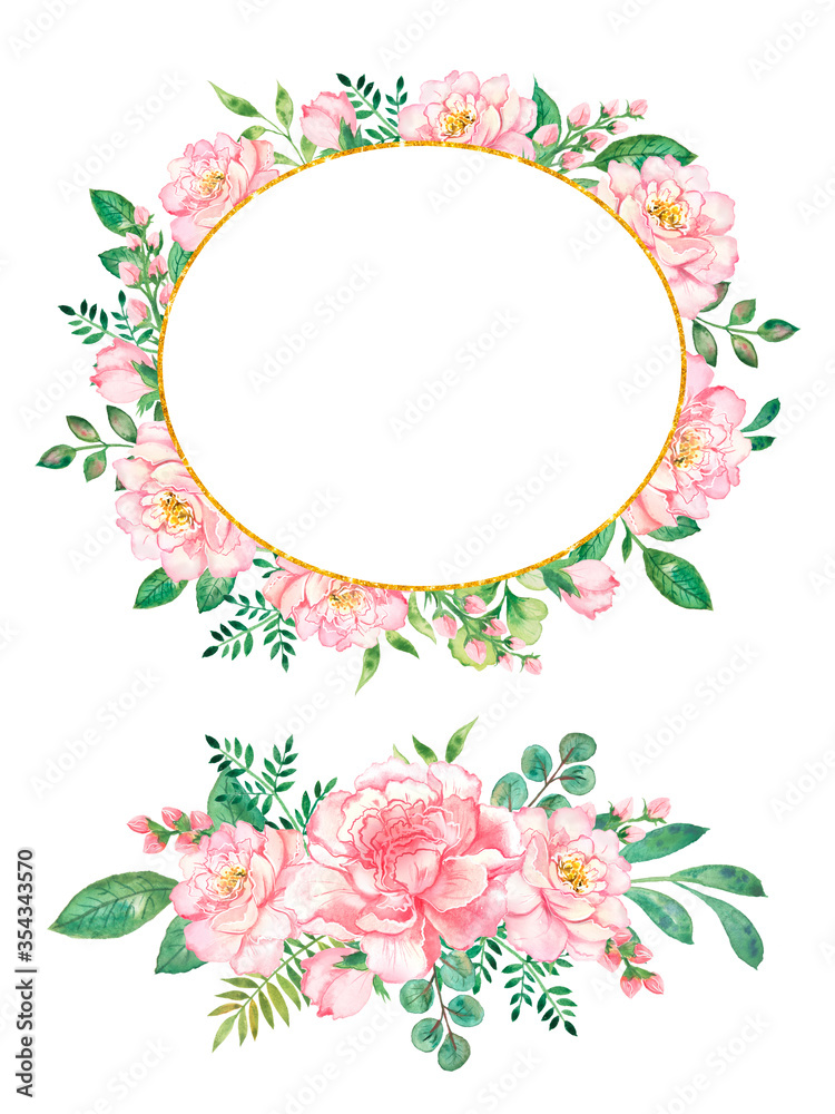 Watercolor frame with delicate pink tea rose flowers for wedding and greeting cards.