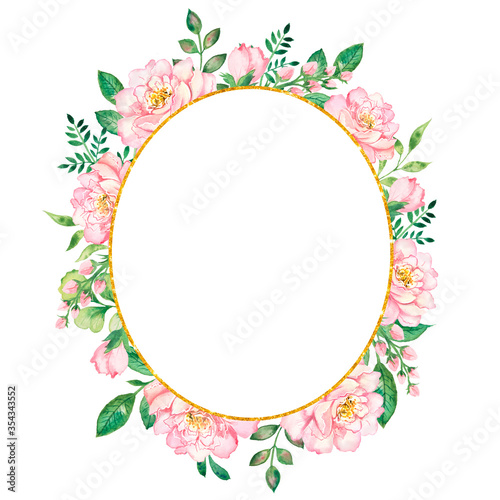 Watercolor frame with delicate pink tea rose flowers for wedding and greeting cards.