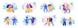 Dancing romantic people set. Fashionable man suit woman in vector yellow dress together incendiary dancing tango ball, in salsa restaurant guy girl at party two women in club.