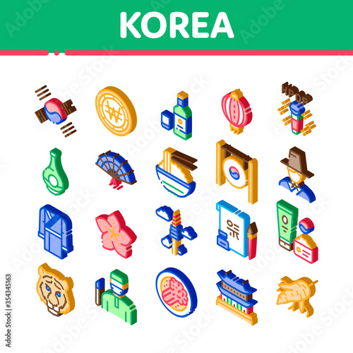 Korea Traditional Icons Set Vector. Isometric Korea Flag And Wearing, Food And Drink, Palace Building And Gong, Fan And Lantern Illustrations