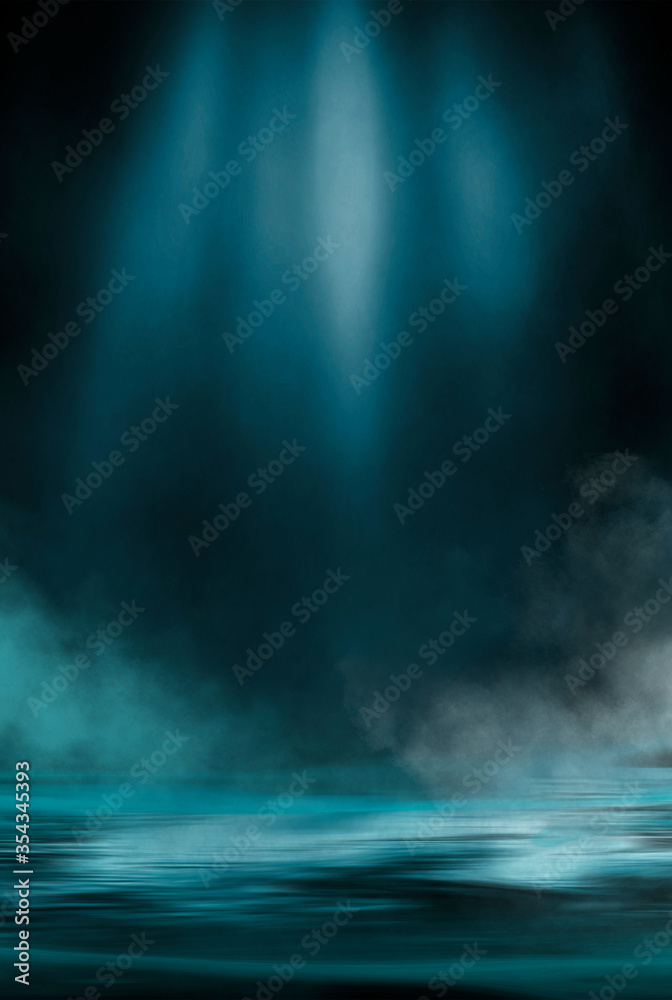 Dramatic dark background. Reflection of light on the water. Smoke fog. Empty futuristic scene. Night water landscape.