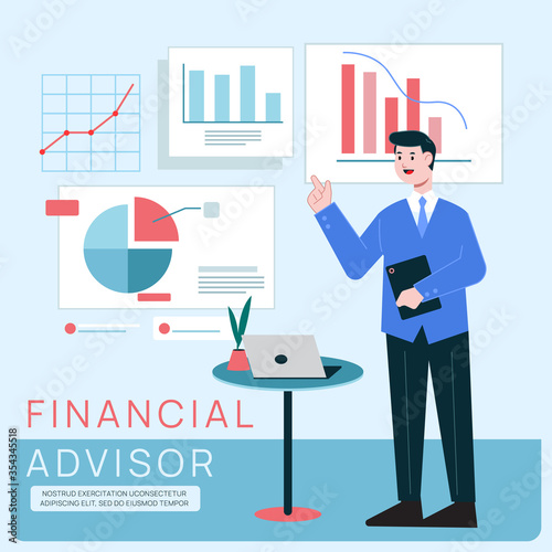 Financial advisor giving advice on investment money, market analysis, management, planning. Professional financial advisor and consulting for web banner, infographics. Vector illustration.