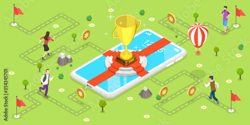 3D Isometric Flat Vector Concept of Mobile Gaming, Gamification Marketing Campaign, Interactive Content, Customer Engagement.