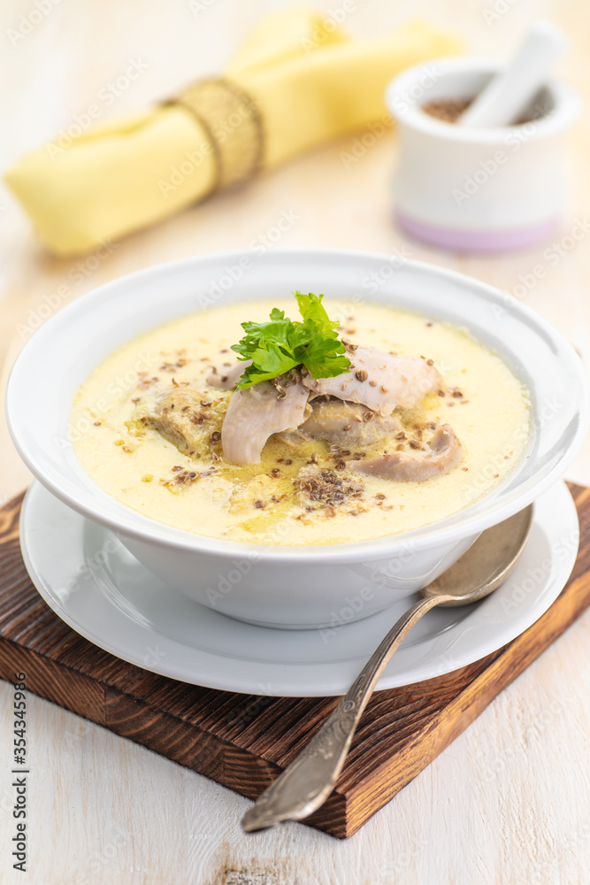 Thick creamy chicken soup. Soup with an egg. Thick creamy chicken soup. Soup with an egg.