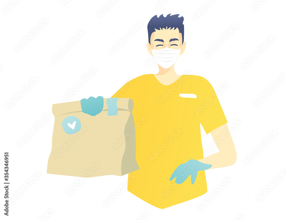 Young man courierin a mask and gloves gives a delivery packet. Handsome male. Order food at home. Isolated against white background yellow blue design. Young man courierin a mask and gloves gives a delivery packet. Handsome male. Order food at home. Isolated against white background yellow blue design.
