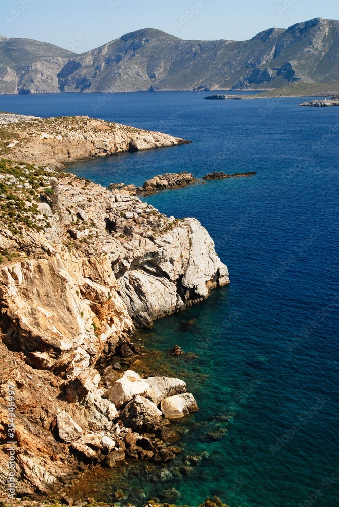 Rocky coastline, landscape of Leros island, Aegean sea, Greece.