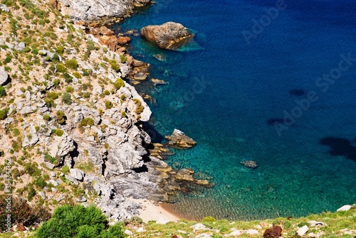Rocky coastline, landscape of Leros island, Aegean sea, Greece.