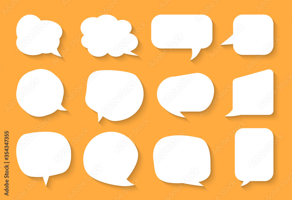 Comic speech bubble set. Cartoon empty text box clouds on orange background. Abstract icon different shapes flat blank doodle bubbles. Comics message balloon template. Isolated vector illustration Comic speech bubble set. Cartoon empty text box clouds on orange background. Abstract icon different shapes flat blank doodle bubbles. Comics message balloon template. Isolated vector illustration