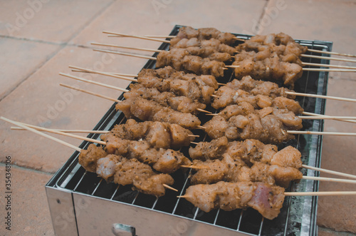 Satay is a Southeast Asian dish of seasoned, skewered and grilled meat, served with a sauce. It is from Indonesia and popular in Malaysia, Philippines, Singapore, Thailand, and Brunei.