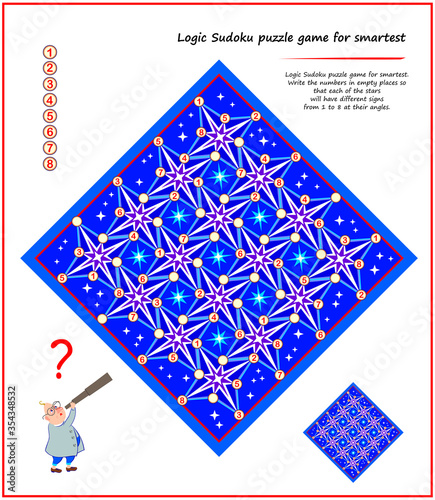 Logic Sudoku puzzle game for smartest. Write numbers in empty places so each of stars will have different signs from 1 to 8 at their angles. Printable page for children brain teaser book. Play online.