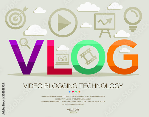 Vlog (video blogging technology), letters and icons. Vector illustration.