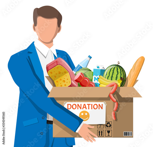 Man holding cardboard box full of food. Needed items for donation. Water, bread, meat, milk, fruits and vegetables products. Food drive bank, charity, thanksgiving concept. Flat vector illustration