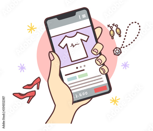 スマホでオークションサイト（フリマサイト）を見る手元のイラスト（線あり）