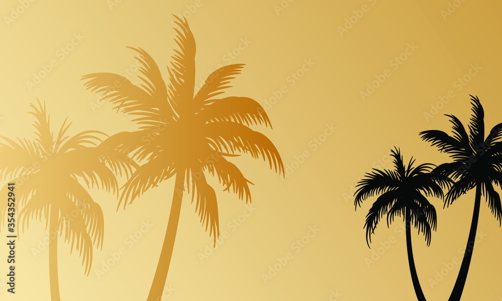 Summer time vector banner or poster on a gold background. Palm leaves and shadows. Vector illustration hello summer banner.