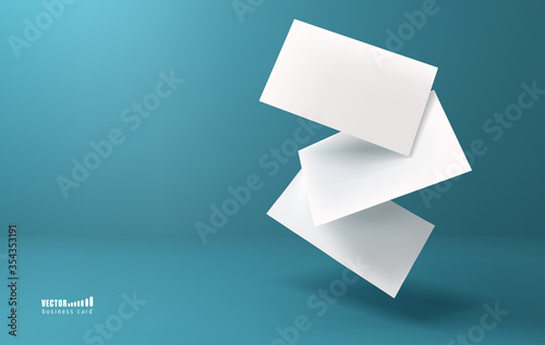 Three white business cards on a blue background in space. Vector illustration. 3d template for design visualization.