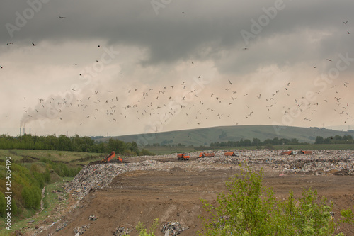 A bulldozer tractor pushes garbage from a mountain in a city dump on the background of a large number of gulls during the day in clear weather, heat, summer photo