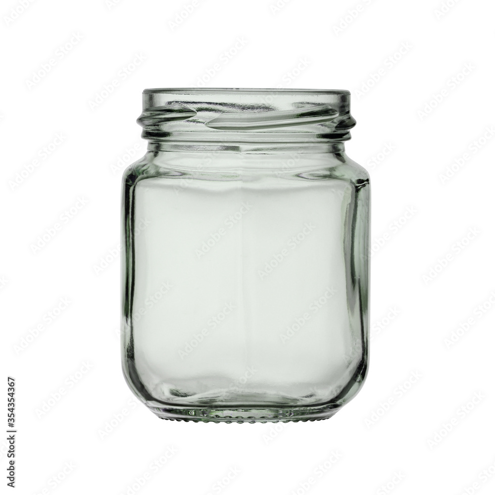 Open empty glass jar for canned food. Isolated on a white background