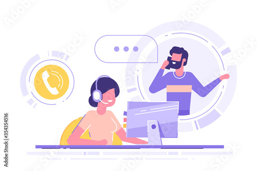 Woman with headset is sitting at her computer and  talking with client. Clients assistance, call center, hotline operator, consultant manager, technical support and customer care. Vector illustration.