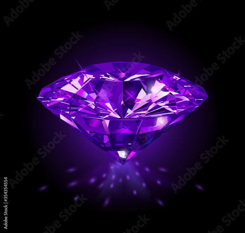 Beautiful purple gemstone isolated on black background. Vector illustration.