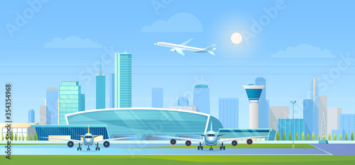 City airport vector illustration. Cartoon flat modern cityscape with business skyscrapers, airport terminal building and air traffic control tower, airplanes on runway, aircraft taking off background