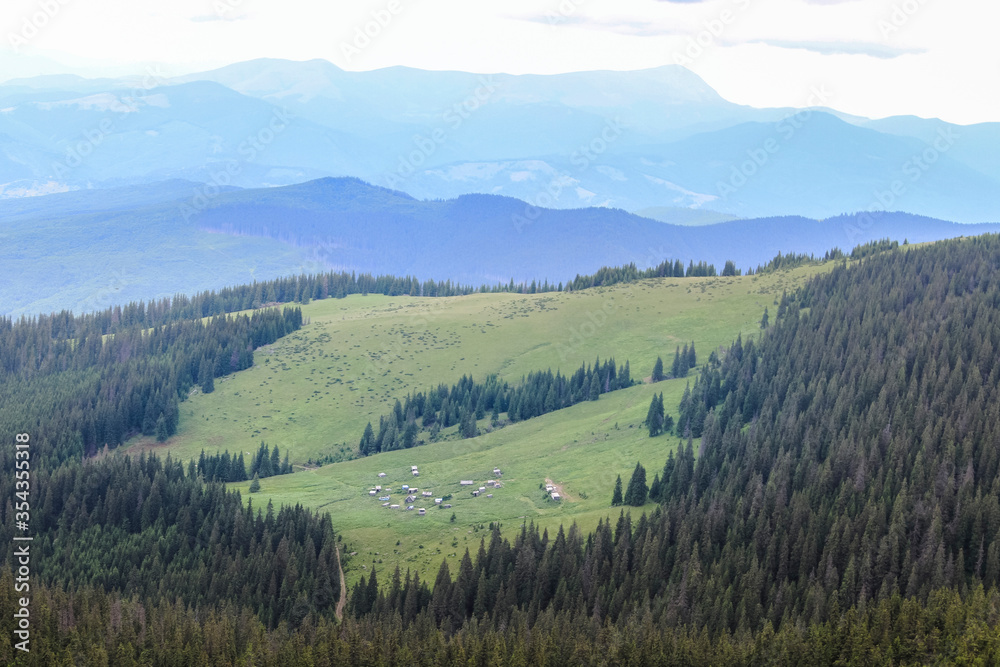 Beautiful summer forest landscape with small houses aerial view. Hiking Travel Lifestyle concept meadow in a mountains. Vacations activity outdoor journey in the Carpathians, Ukraine