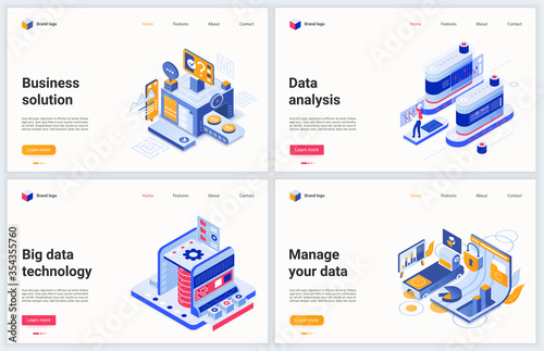 Isometric business analysis and data management vector illustration. Modern concept interface design set for mobile website with cartoon 3d digital managing, financial report analyzing technology