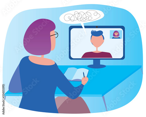 Psychologist at the computer with a patient during an onlac session as a concept of psychotherapy, flat stock vector illustration with a psychotherapist and modern communication technologies