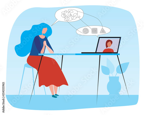 Psychologist session on online video communication as a concept of psychotherapy, flat stock vector illustration with a patient, laptop and psychotherapist at home