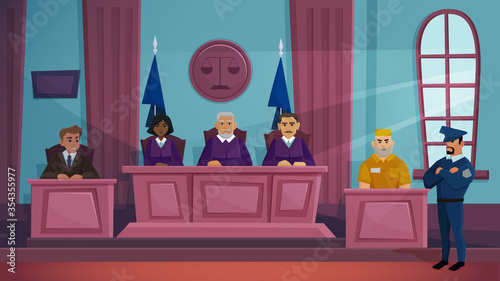 Court of law justice vector illustration. Cartoon flat courtroom interior with judge, lawyer prosecutor and criminal characters sitting on public crime proceeding tribunal in courthouse background