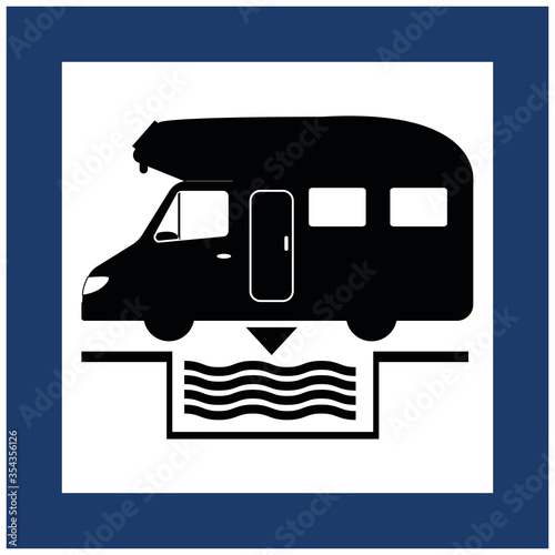 panneau pour signaler une aire pour camping car  représenter par un camping car en train de vidanger en noir sur un fond blanc dans un carré bleu
